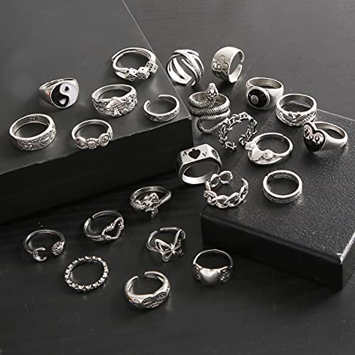 24PCS Vintage Adjustable Silver Punk Rings Set