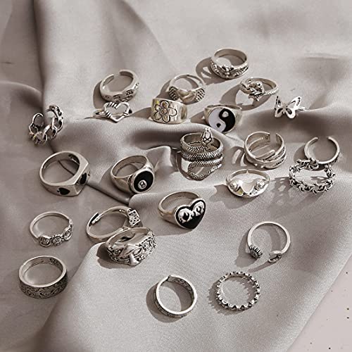 24PCS Vintage Adjustable Silver Punk Rings Set