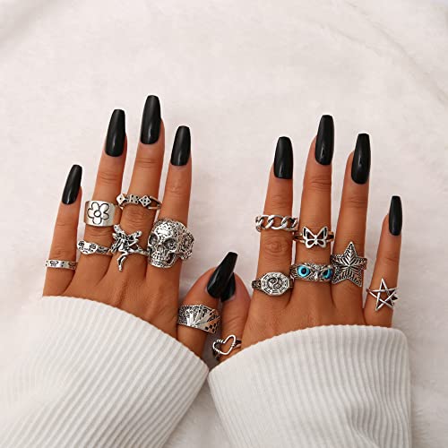 24PCS Vintage Adjustable Silver Punk Rings Set