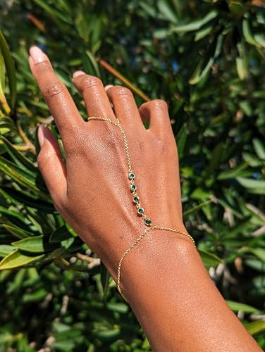 Emerald Green Hand Chain Bracelet in 14k Gold