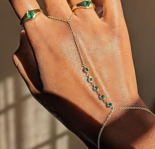 Emerald Green Hand Chain Bracelet in 14k Gold