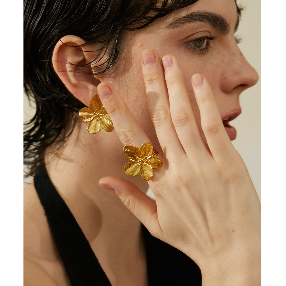 18K Gold Color Flower Open Ring for Women