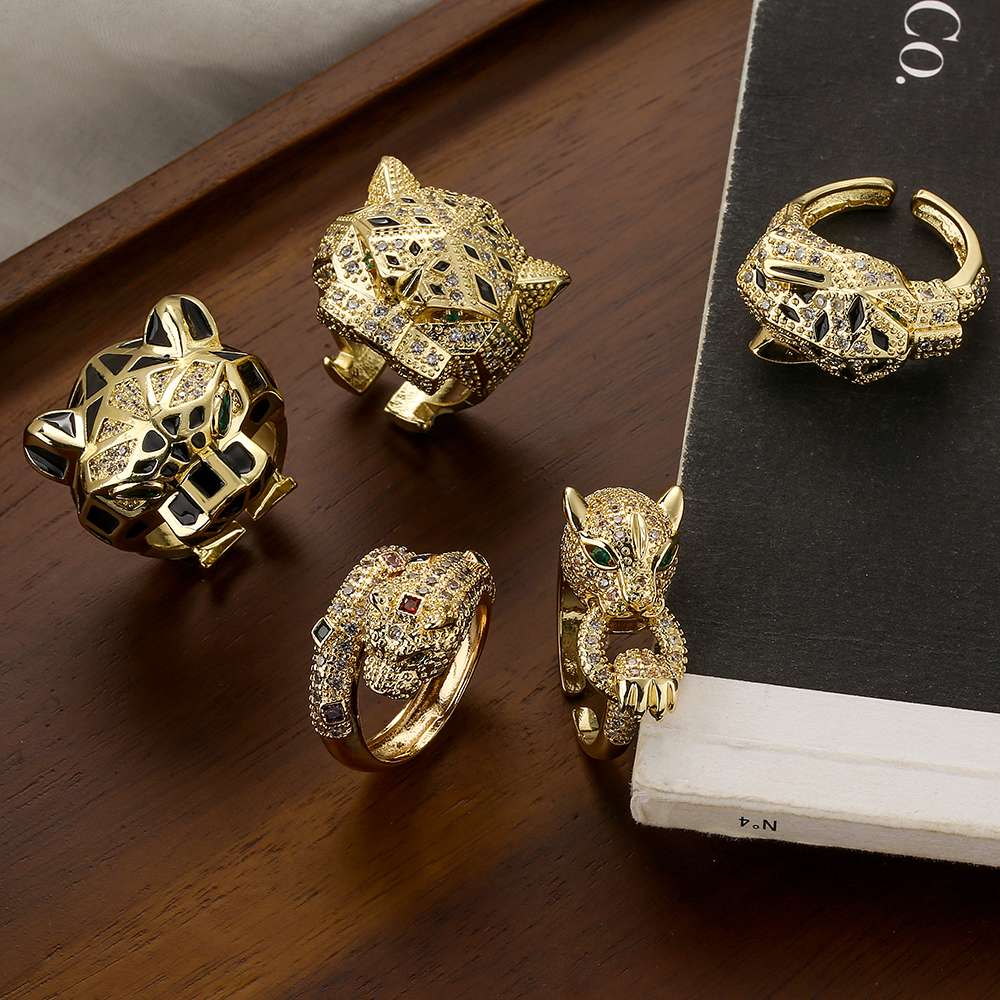 Gold Leopard Open Ring with Zircon Gemstone
