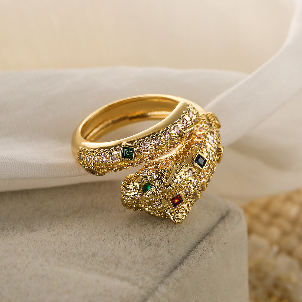 Gold Leopard Open Ring with Zircon Gemstone