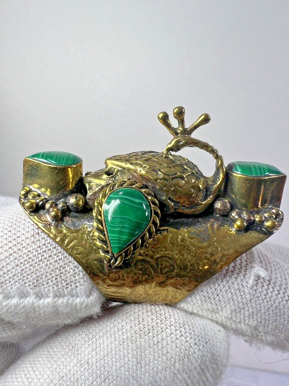 Handmade Large Malachite Brass Peacock Ring 9