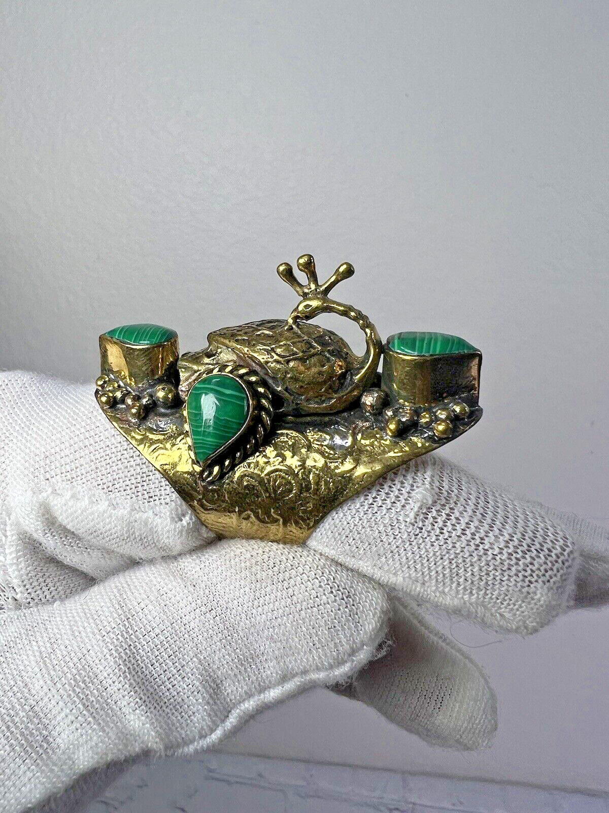Handmade Large Malachite Brass Peacock Ring 9