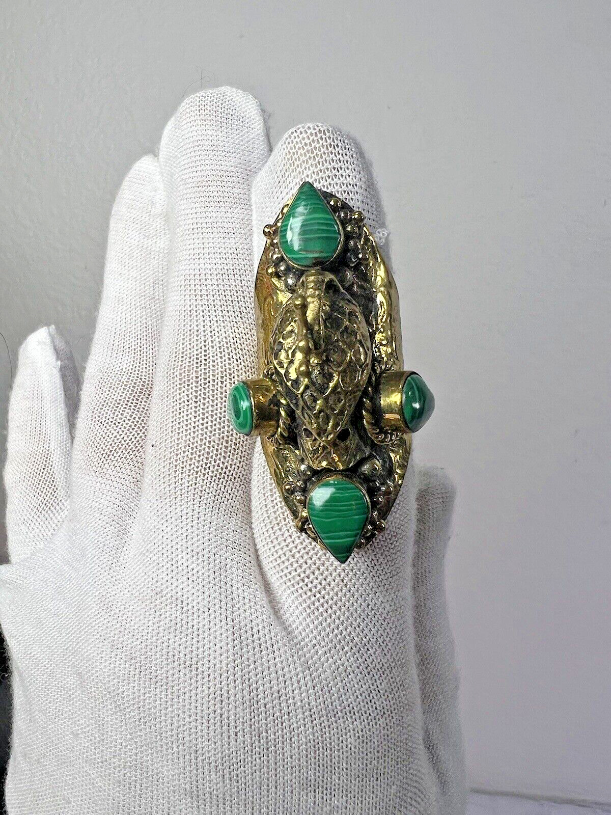 Handmade Large Malachite Brass Peacock Ring 9