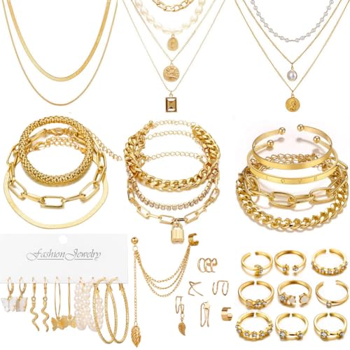 Handmade Gold Jewelry Set: Necklace, Bracelet, Earring, Rings
