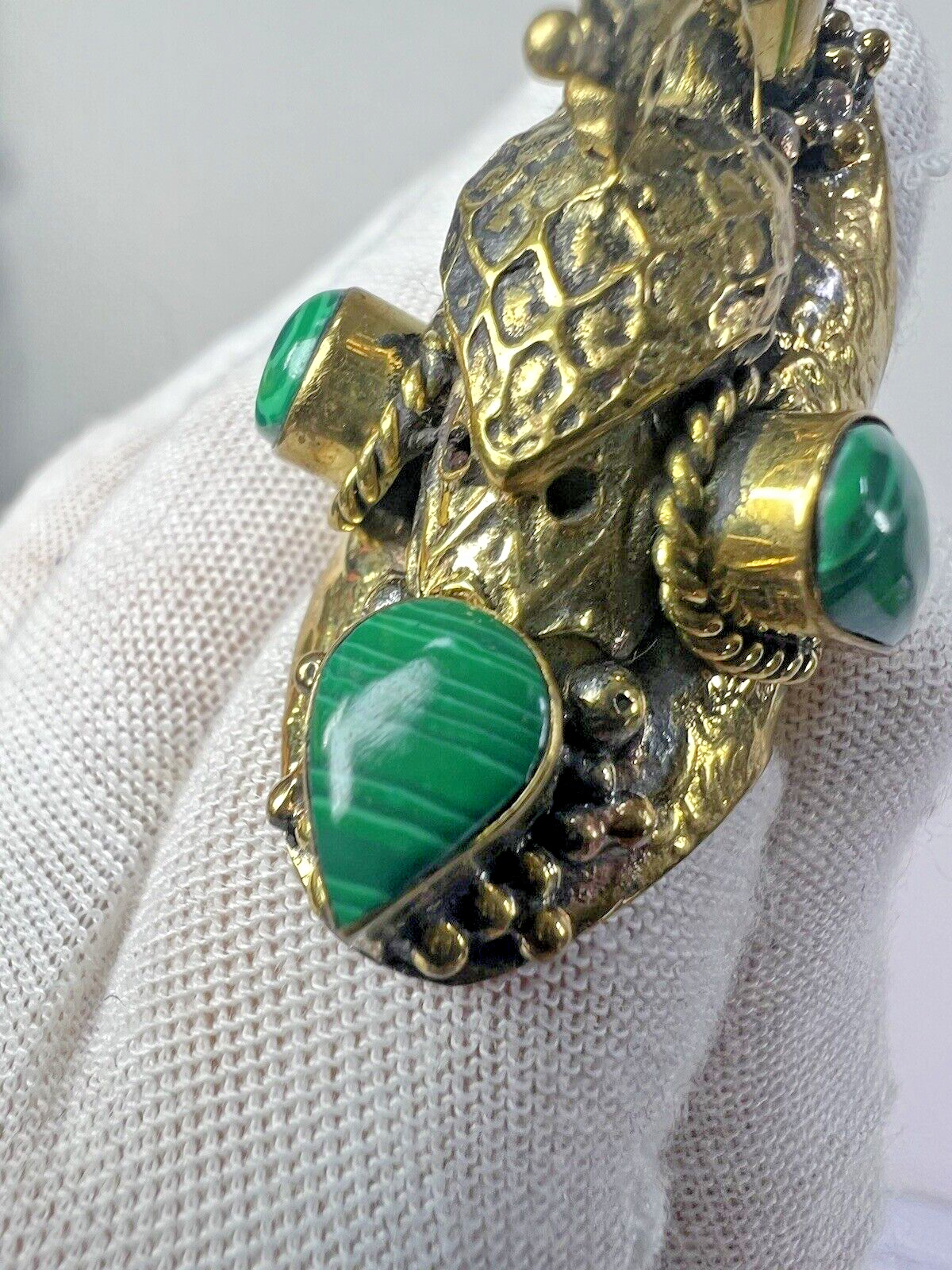 Handmade Large Malachite Brass Peacock Ring 9