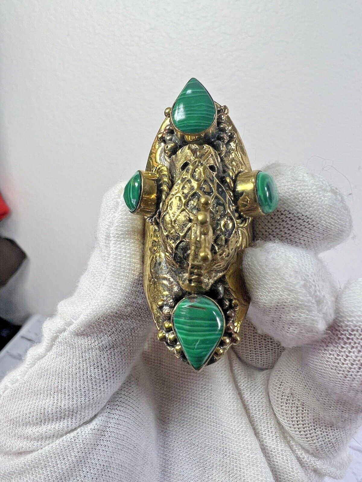 Handmade Large Malachite Brass Peacock Ring 9