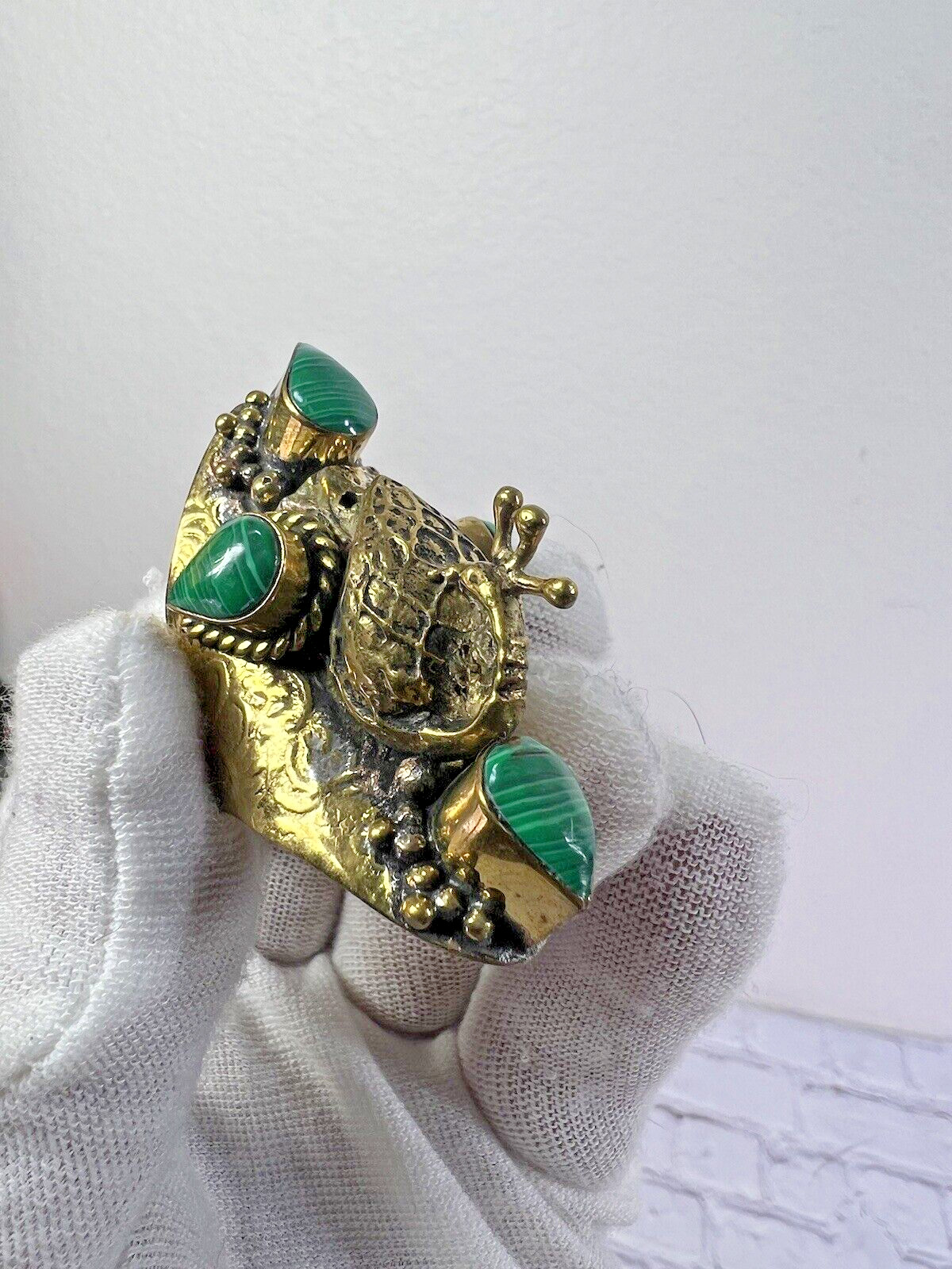 Handmade Large Malachite Brass Peacock Ring 9