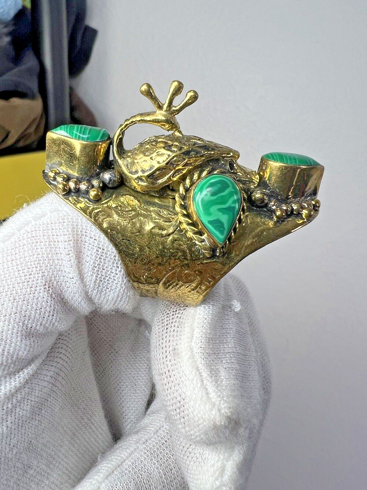 Handmade Large Malachite Brass Peacock Ring 9