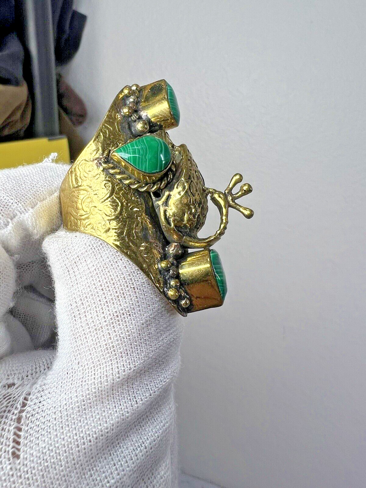 Handmade Large Malachite Brass Peacock Ring 9