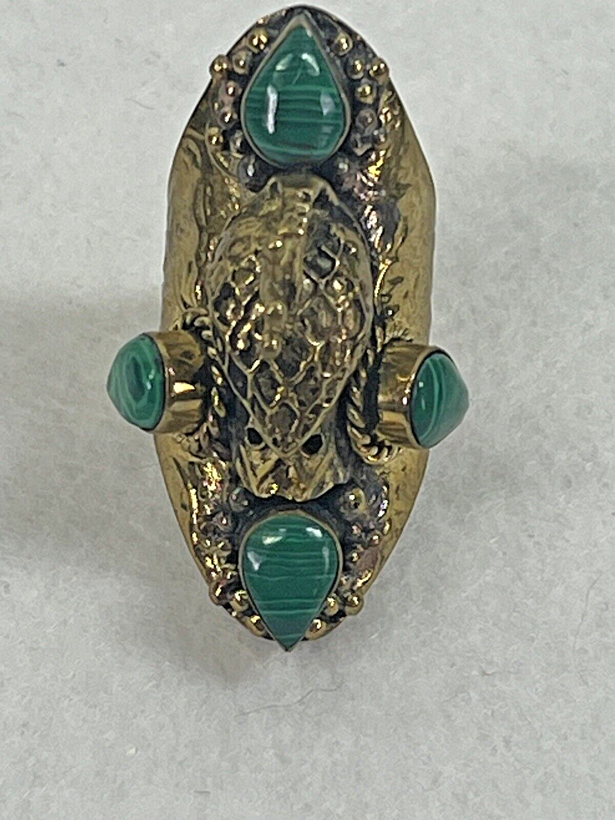 Handmade Large Malachite Brass Peacock Ring 9