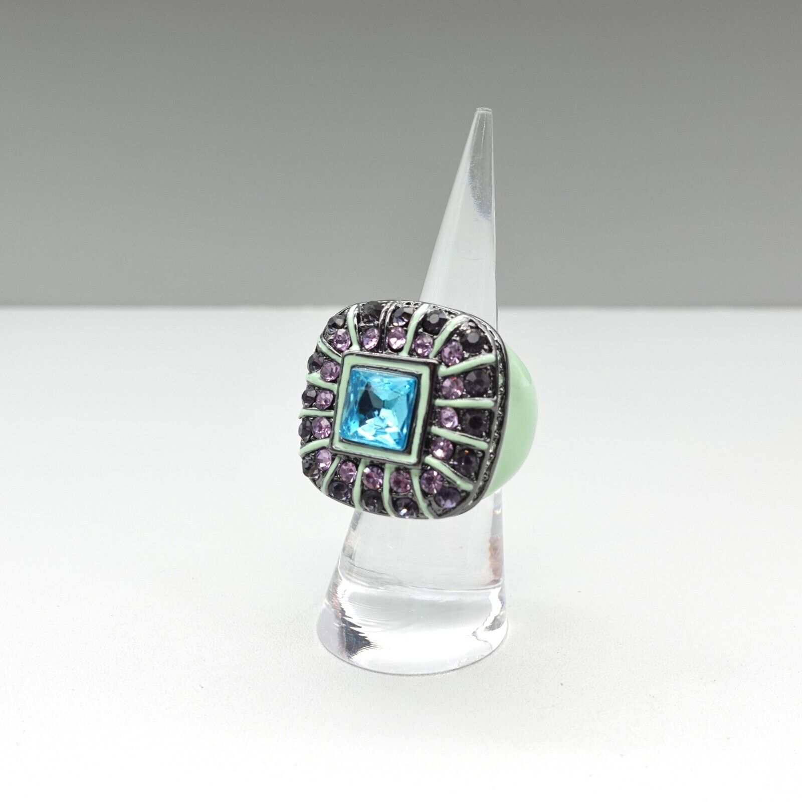 Teal Green Enamel Cocktail Ring with Crystals