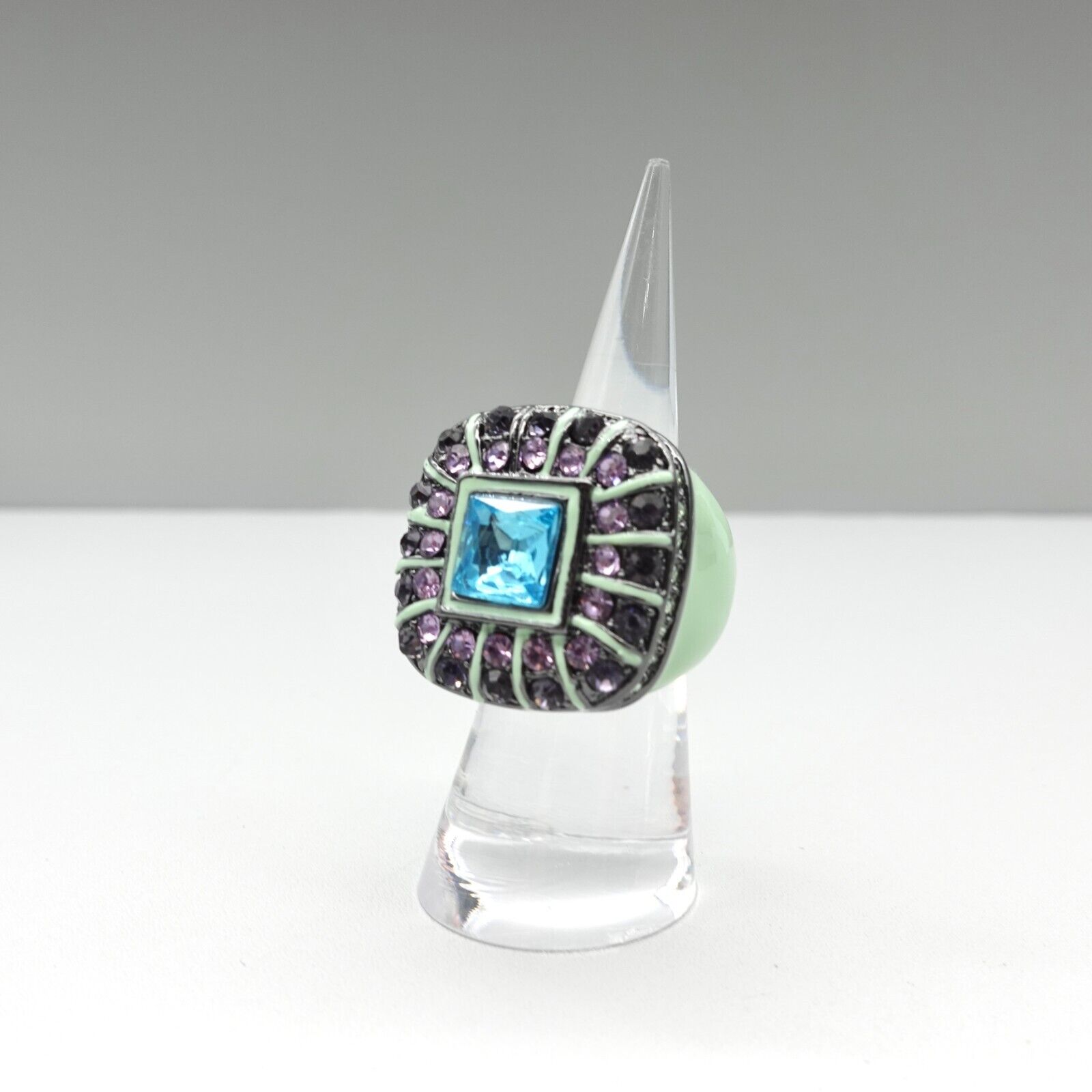 Teal Green Enamel Cocktail Ring with Crystals