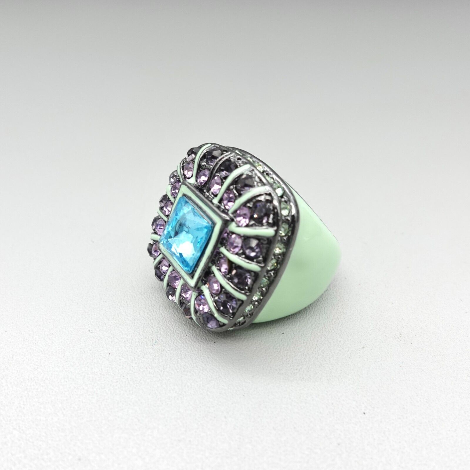 Teal Green Enamel Cocktail Ring with Crystals