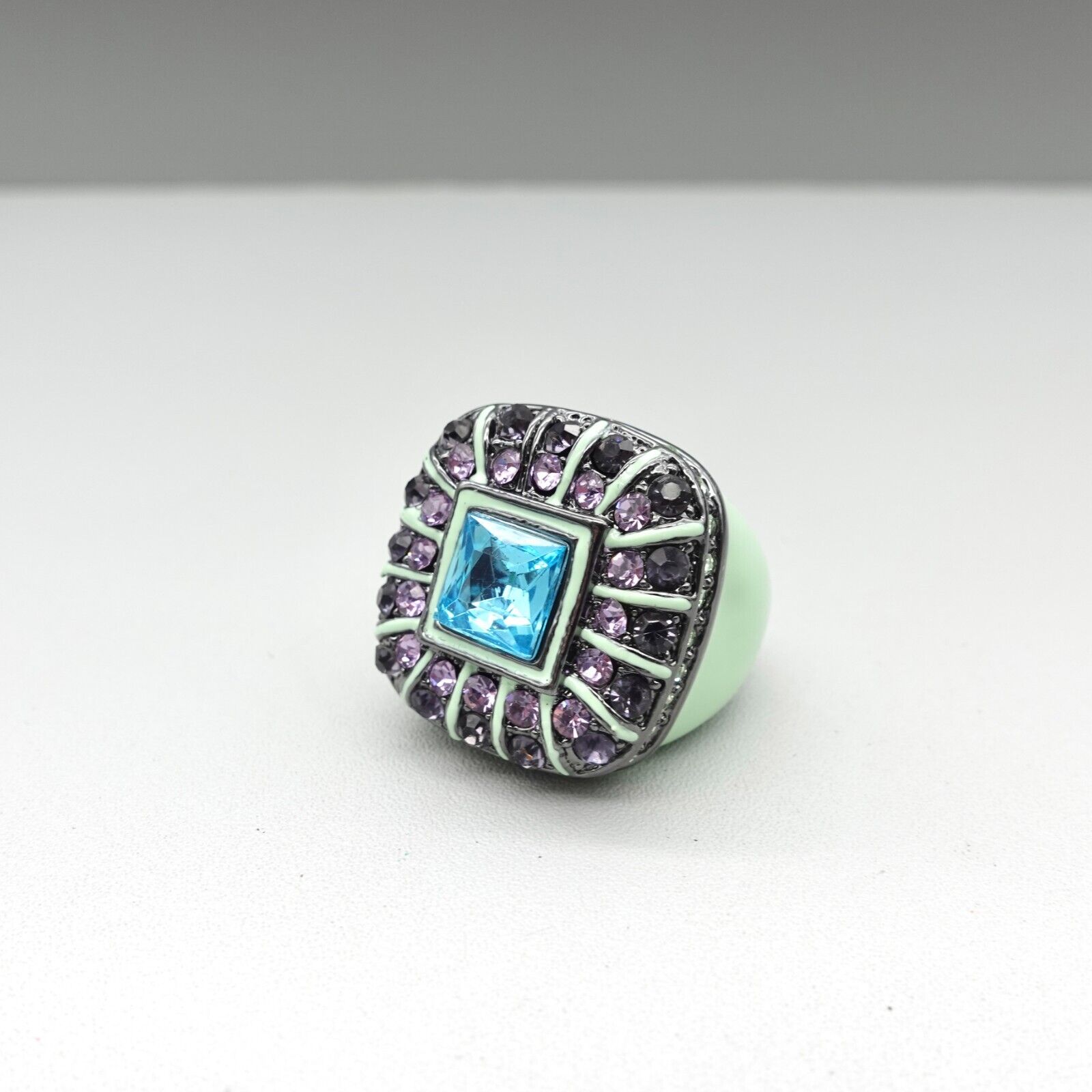 Teal Green Enamel Cocktail Ring with Crystals
