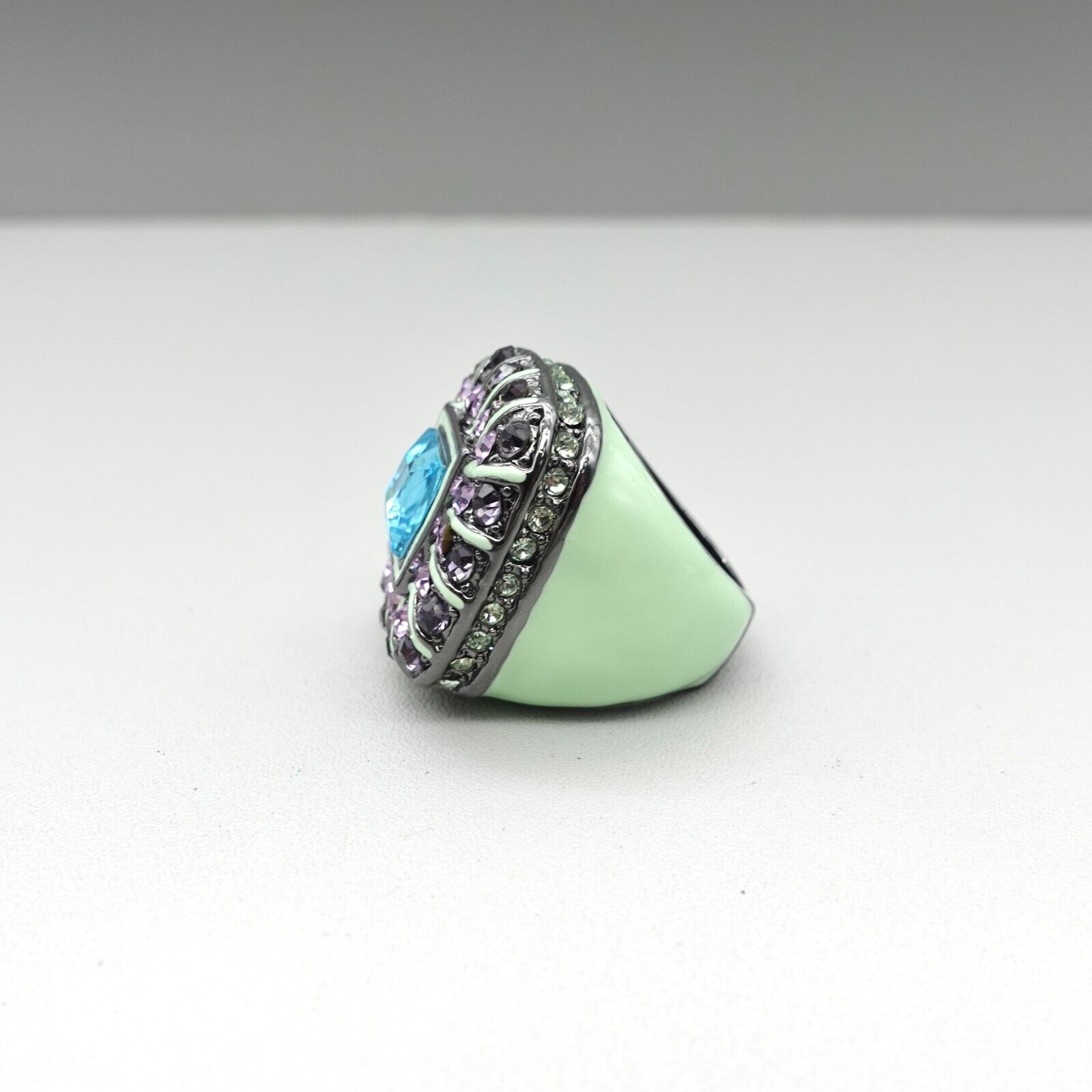 Teal Green Enamel Cocktail Ring with Crystals