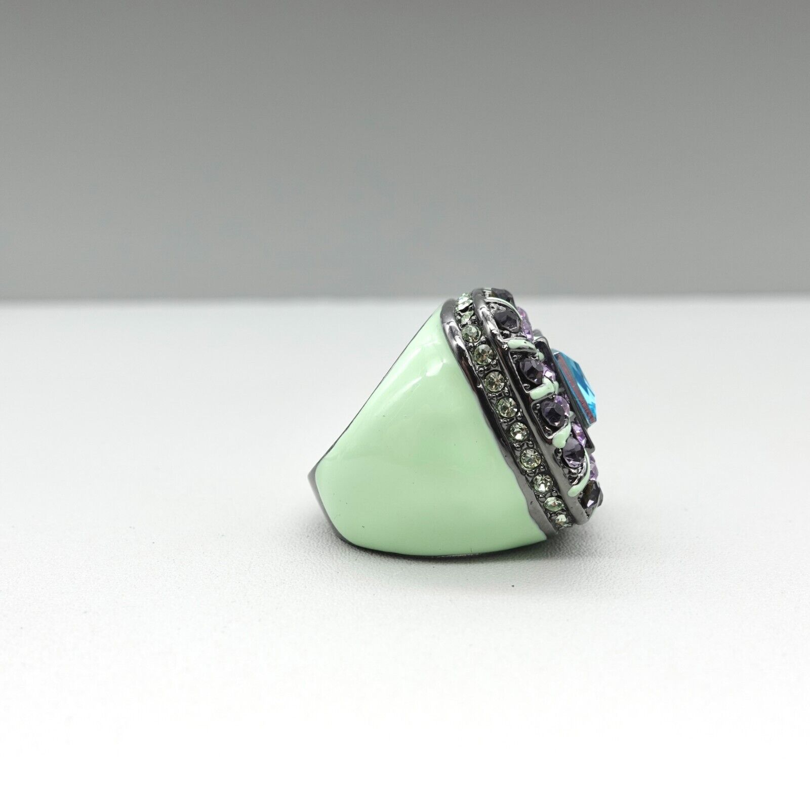 Teal Green Enamel Cocktail Ring with Crystals