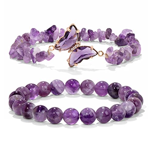 Natural Amethyst Butterfly Charm Healing Crystal Beaded Bracelet