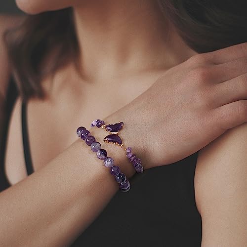 Natural Amethyst Butterfly Charm Healing Crystal Beaded Bracelet