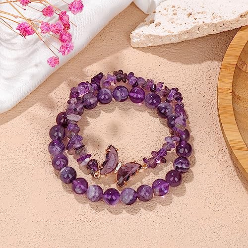 Natural Amethyst Butterfly Charm Healing Crystal Beaded Bracelet