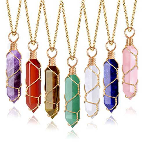 7Pcs Crystal Chakra Stone Point Pendant Necklaces Set