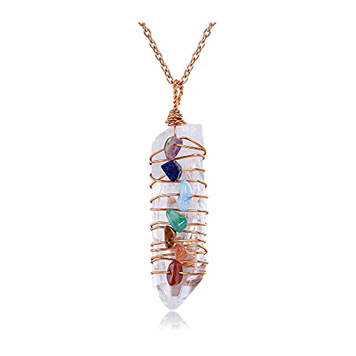 Clear Quartz Pendant Necklace with Chakra Healing Stones