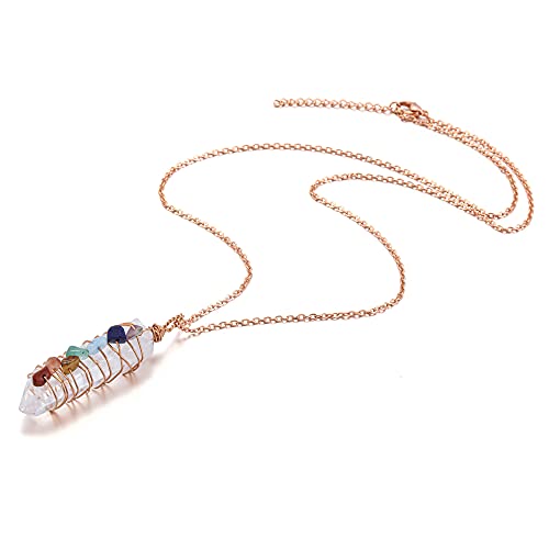 Clear Quartz Pendant Necklace with Chakra Healing Stones