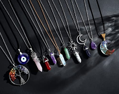 11Pcs Crystal Necklaces Set for Women - Boho Chakra Hippie Pendant