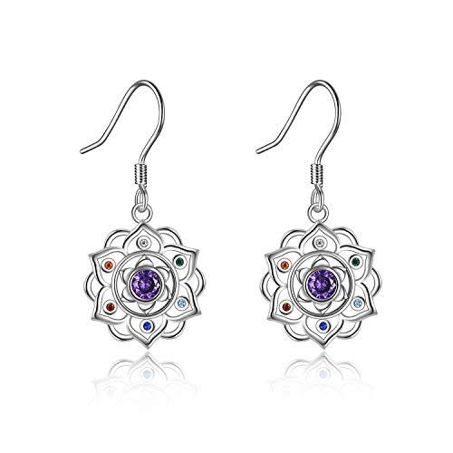 Silver Chakra Lotus Flower Dangle Earrings Yoga Jewelry