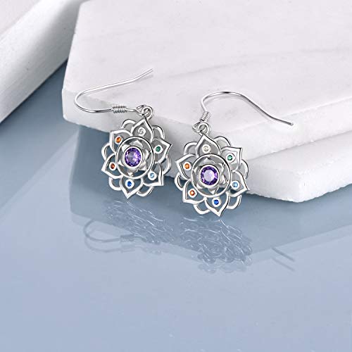 Silver Chakra Lotus Flower Dangle Earrings Yoga Jewelry
