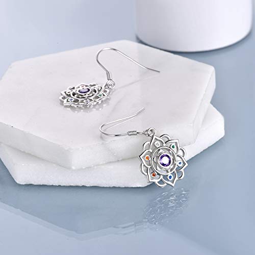 Silver Chakra Lotus Flower Dangle Earrings Yoga Jewelry