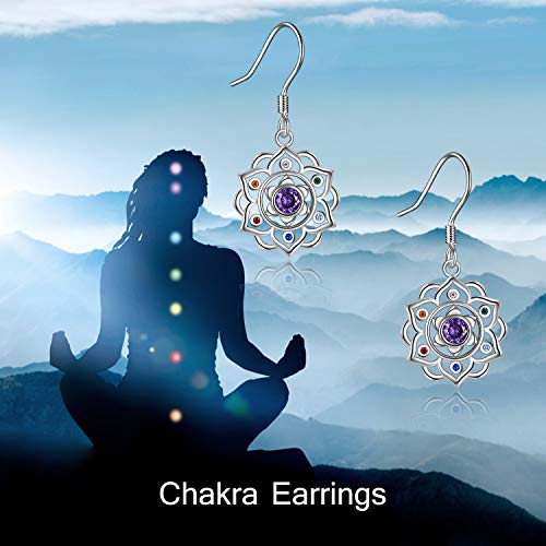 Silver Chakra Lotus Flower Dangle Earrings Yoga Jewelry