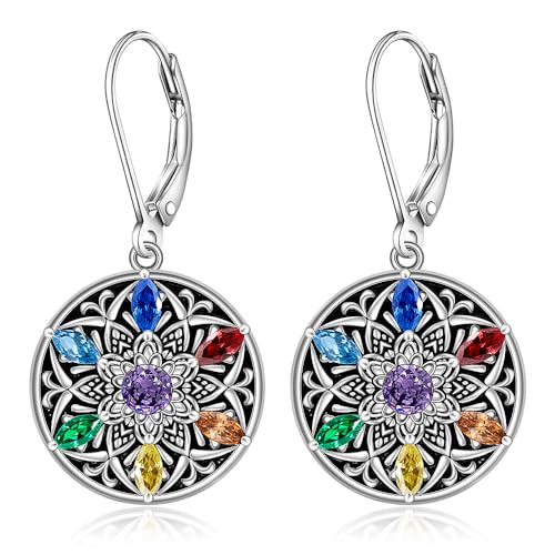 Chakra Mandala Lotus Flower Sterling Silver Dangle Earrings