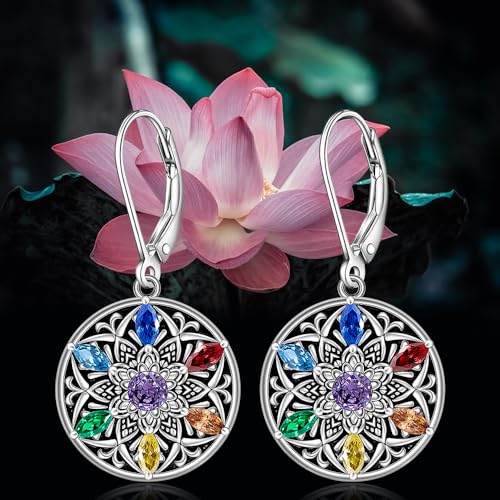 Chakra Mandala Lotus Flower Sterling Silver Dangle Earrings