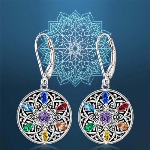 Chakra Mandala Lotus Flower Sterling Silver Dangle Earrings