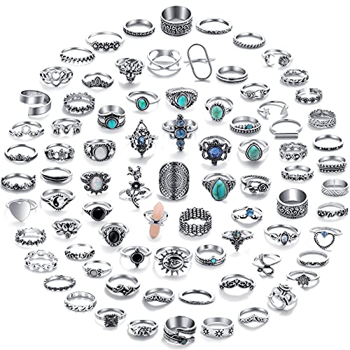 82-Piece Vintage Silver Knuckle Rings Set for Women