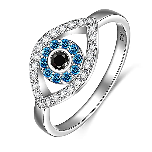 Blue Evil Eye Ring Sterling Silver Spiritual Turkish Third Eye Rings for Women Mal De Ojo Greek Protection Nazar Amulet Sapphire Jewelry Gift Size 8
