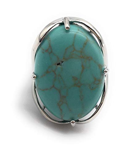 Natural Stone Rose Quartz Agate Amethyst Turquoise Adjustable Finger Rings Semi Precious Oval Shaped Gemstone Anniversary (Green Turquoise)