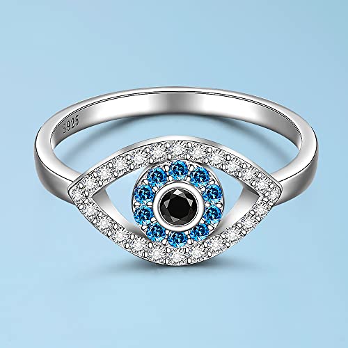 Blue Evil Eye Ring Sterling Silver Spiritual Turkish Third Eye Rings for Women Mal De Ojo Greek Protection Nazar Amulet Sapphire Jewelry Gift Size 8
