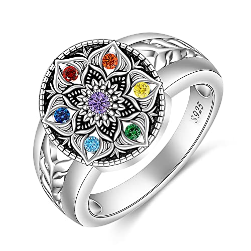 Yoga Chakra Ring Mandala Lotus Flower Rings for Women Sterling Silver Healing Crystal Balance 7 Chakras Jewelry Size 9