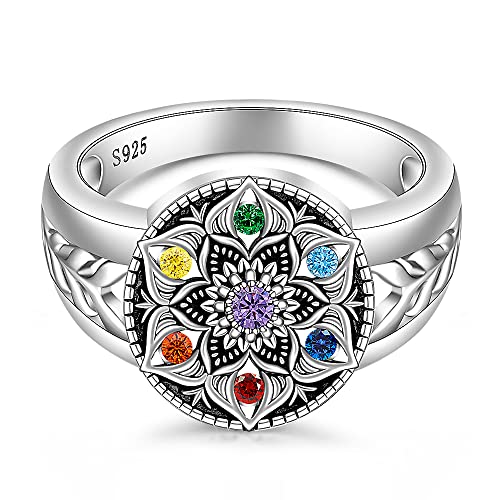 Yoga Chakra Ring Mandala Lotus Flower Rings for Women Sterling Silver Healing Crystal Balance 7 Chakras Jewelry Size 9