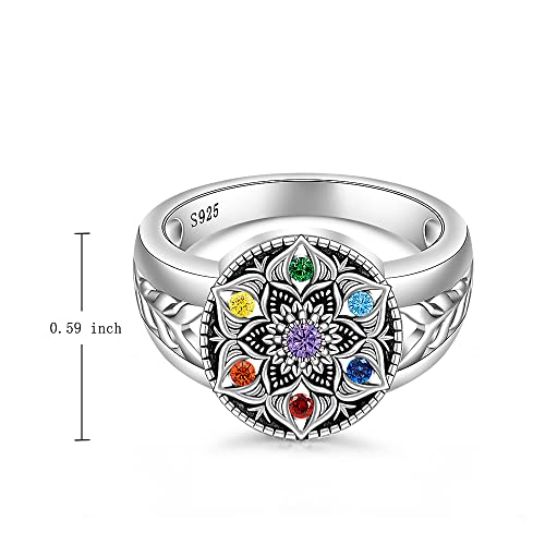 Yoga Chakra Ring Mandala Lotus Flower Rings for Women Sterling Silver Healing Crystal Balance 7 Chakras Jewelry Size 9