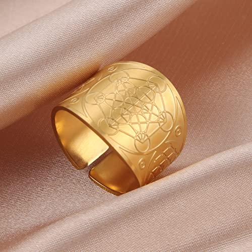 Amaxer Metatron’s Cube Ring for Men Stainless Steel Vintage Sacred Geometry Spiritual Protection Amulet Ring Statement Band for Men Women (20mm-gold)