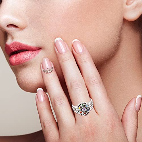 Yoga Chakra Ring Mandala Lotus Flower Rings for Women Sterling Silver Healing Crystal Balance 7 Chakras Jewelry Size 9