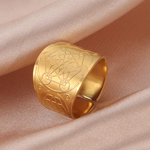 Amaxer Metatron’s Cube Ring for Men Stainless Steel Vintage Sacred Geometry Spiritual Protection Amulet Ring Statement Band for Men Women (20mm-gold)