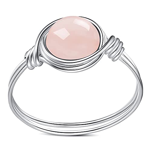 YWDREAM Crystal Rings for Women Spiritual, Healing Crystal Rings Wire Wrapped Ring, Carnelian Rose Quartz Amethyst Tiger Eyes Opalite Amazonite Gemstone Ring (Rose Quartz-Silver, 7)