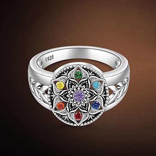 Yoga Chakra Ring Mandala Lotus Flower Rings for Women Sterling Silver Healing Crystal Balance 7 Chakras Jewelry Size 9